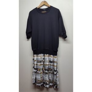 One Spo Midi Dress Women One Size Black Pleated Short Sleeve Fall Preppy Casual